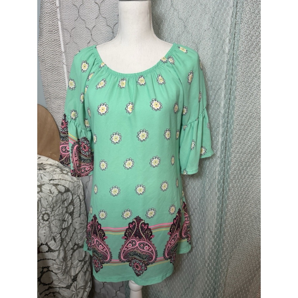 Yahada Teal Aqua Green Floral Multi Print 3/4 Bell Sleeve Dress Small